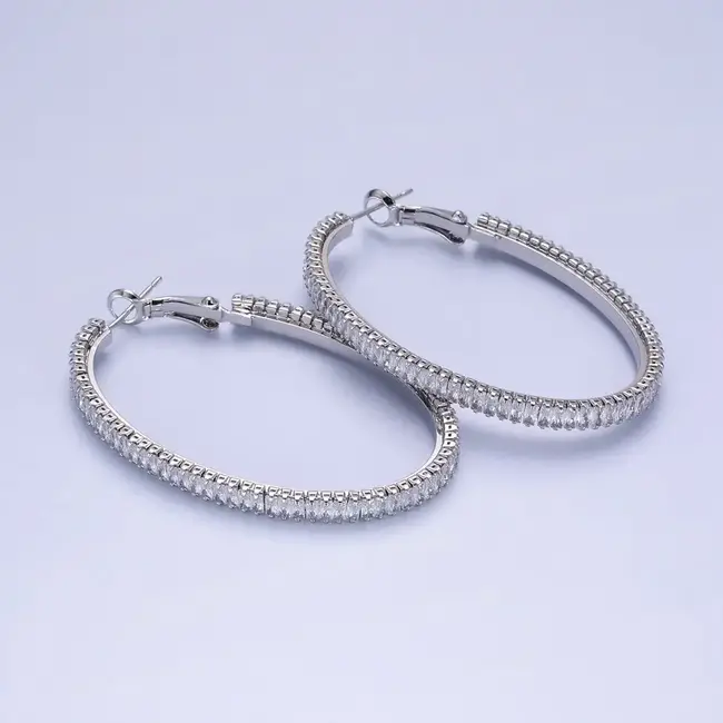 Silver 50mm Clear CZ Tennis Hinge Hoop Earring