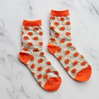 Tiepology Doodle Flower Crew Socks- Orange/Beige