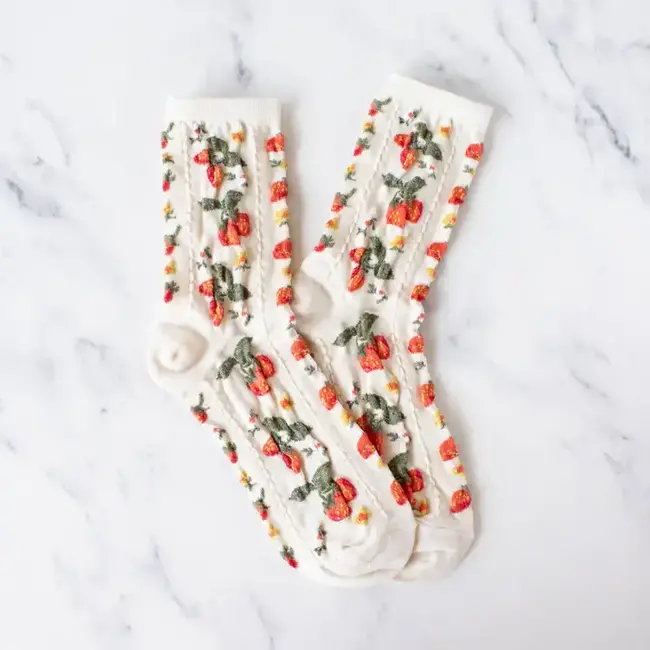 Tiepology Strawberry Farm Socks- Cream