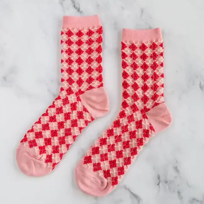 Tiepology Winter Check Pattern Socks- Pink/Red