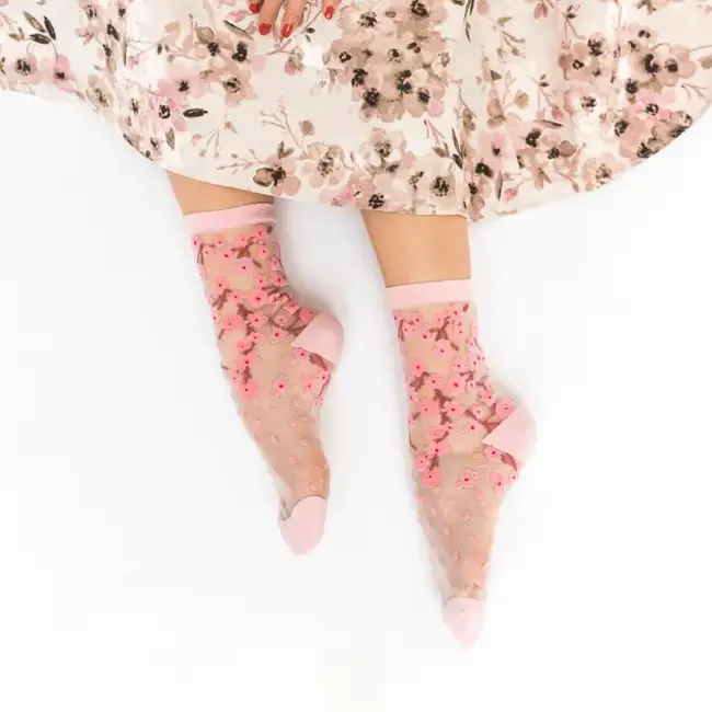 Sock Candy Cherry Blossom Sheer Crew Sock