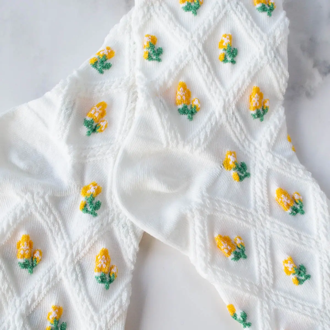 Tiepology Floral Casual Socks - Ivory/Yellow