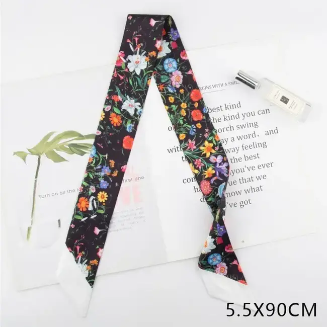 Josslyn by Wall to Wall Skinny Twilly Scarf Necklace Wrap- Black Floral