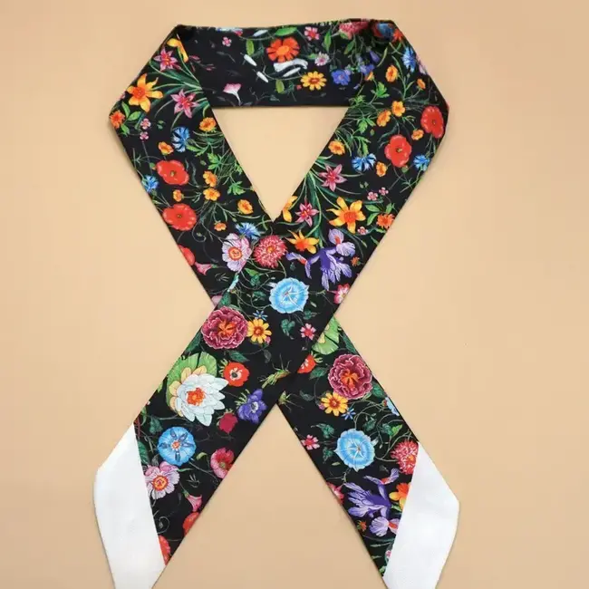 Josslyn by Wall to Wall Skinny Twilly Scarf Necklace Wrap- Black Floral