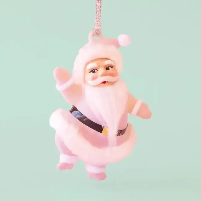 Sunshine Studios Retro Flocked Dancing Santa Ornament- Light Pink