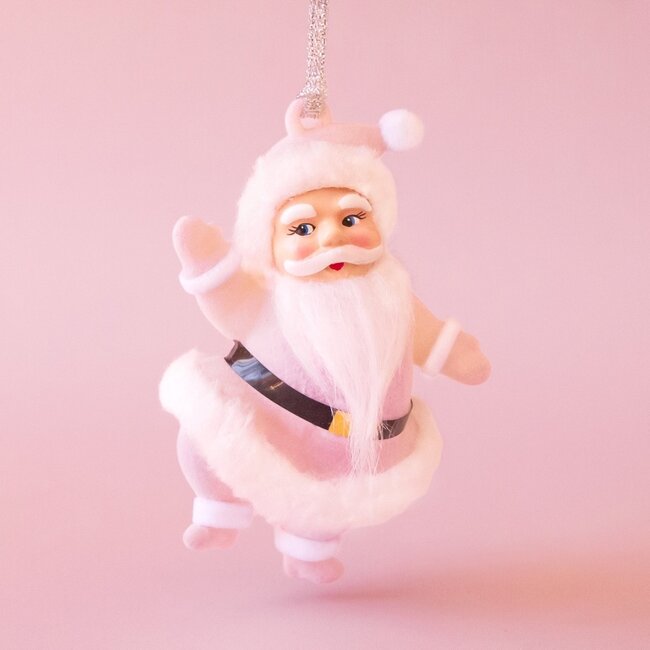 Sunshine Studios Retro Flocked Dancing Santa Ornament- Light Pink