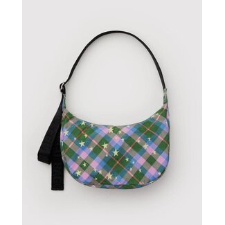 Baggu Medium Nylon Crescent Bag - Green Star Plaid