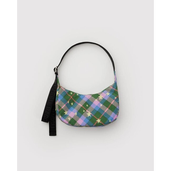 Baggu Small Nylon Crescent Bag - Green Star Plaid