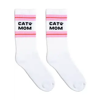 Living Royal Ribbed Crew Socks- Cat Mom- White