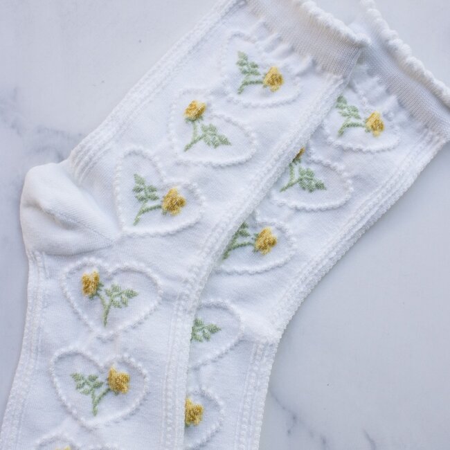 Tiepology Vintage Rose & Heart Socks- White