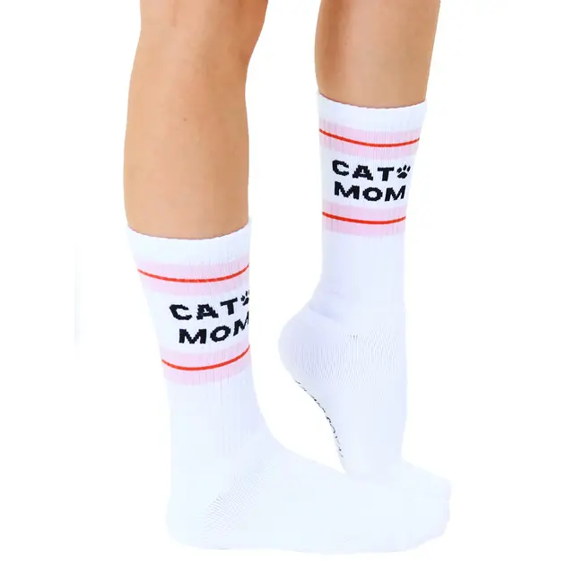 Living Royal Ribbed Crew Socks- Cat Mom- White