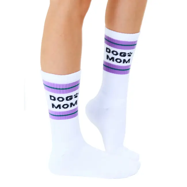 Living Royal Ribbed Crew Socks- Dog Mom- White