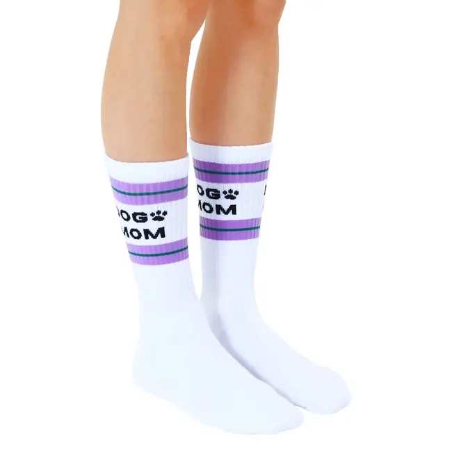 Living Royal Ribbed Crew Socks- Dog Mom- White