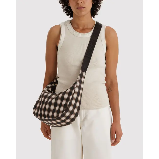 Baggu Medium Nylon Crescent Bag - Blurred Gingham Brown
