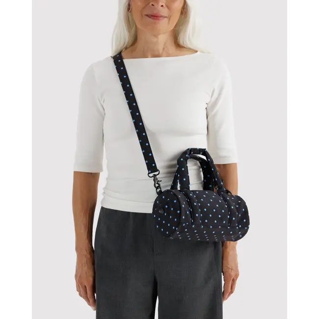 Baggu Small Nylon Duffle Bag - Black and Sky Blue Micro Dot