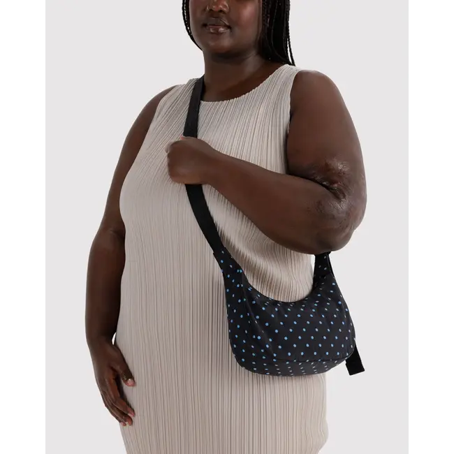 Baggu Small Nylon Crescent Bag - Black and Sky Blue Micro Dot