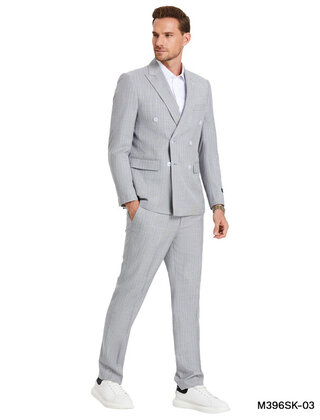 Tazzio Double Breasted Pinstripe Suit - 3 Piece - Light Grey