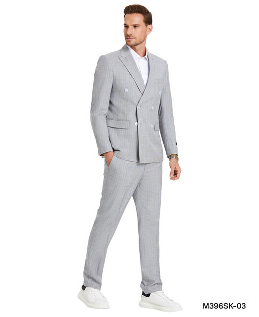 Tazzio Double Breasted Pinstripe Suit - 3 Piece - Light Grey