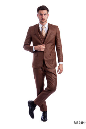 Tazzio 2 Button Notch Lapel Sharkskin Suit - 3 Piece - Cognac