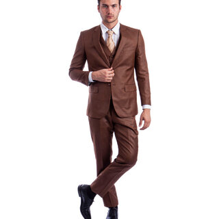 Tazzio 2 Button Notch Lapel Sharkskin Suit - 3 Piece - Cognac