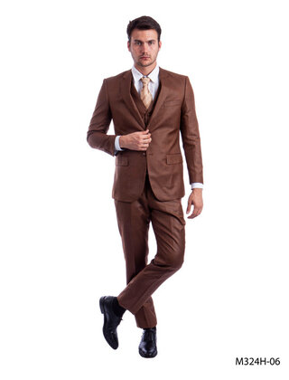 Tazzio 2 Button Notch Lapel Sharkskin Suit - 3 Piece - Cognac