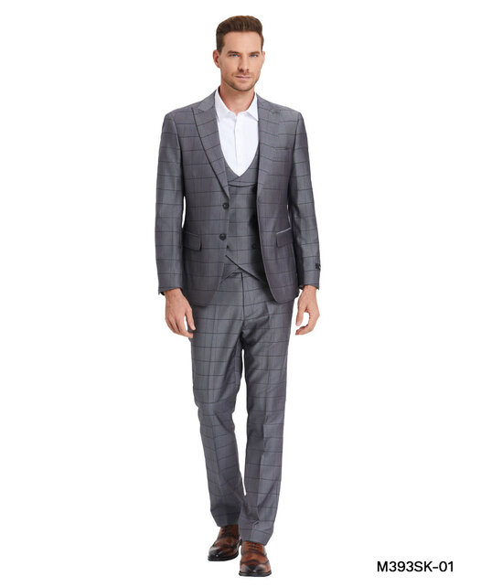 Tazzio Windowpane Suit - 3 Piece - Gunmetal