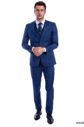 Tazzio 2 Button Notch Lapel Sharkskin Suit - 3 Piece - Blue