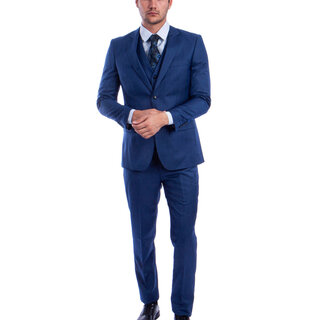 Tazzio 2 Button Notch Lapel Sharkskin Suit - 3 Piece - Blue