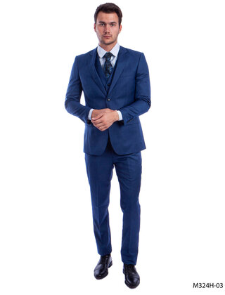 Tazzio 2 Button Notch Lapel Sharkskin Suit - 3 Piece - Blue