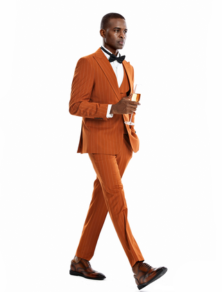 Tazzio 1 Button Peak Lapel Pinstripe Suit - 3 Piece - Rust