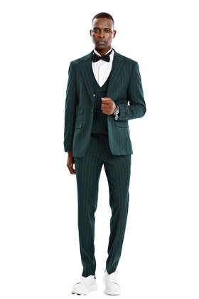 Tazzio 1 Button Peak Lapel Pinstripe Suit - 3 Piece - Hunter