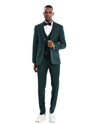 Tazzio 1 Button Peak Lapel Pinstripe Suit - 3 Piece - Hunter