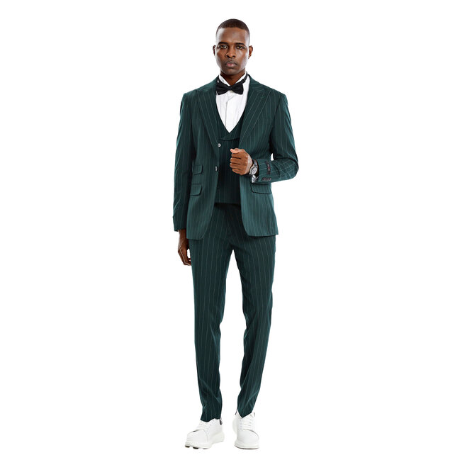Tazzio 1 Button Peak Lapel Pinstripe Suit - 3 Piece - Hunter