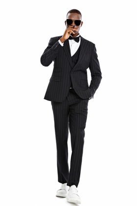 Tazzio 1 Button Peak Lapel Pinstripe Suit - 3 Piece - Black