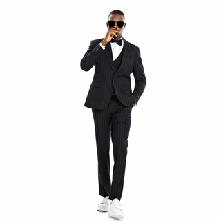 Tazzio 1 Button Peak Lapel Pinstripe Suit - 3 Piece - Black