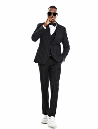 Tazzio 1 Button Peak Lapel Pinstripe Suit - 3 Piece - Black