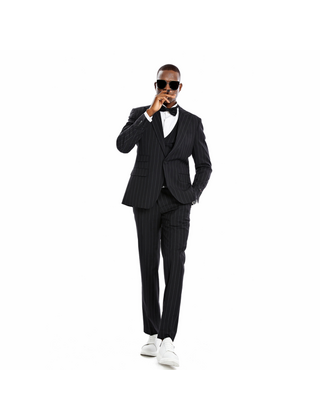 Tazzio 1 Button Peak Lapel Pinstripe Suit - 3 Piece - Black