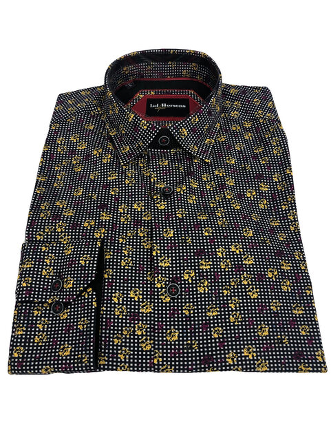Lief Horsens Floral Dots Pattern Dress Shirt - Black