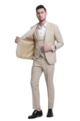 Tazzio 1 Button Notch Lapel Sharkskin Suit - 3 Piece - Khaki