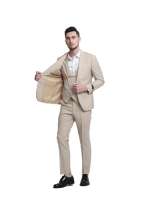 Tazzio 1 Button Notch Lapel Sharkskin Suit - 3 Piece - Khaki