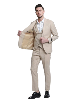 Tazzio 1 Button Notch Lapel Sharkskin Suit - 3 Piece - Khaki