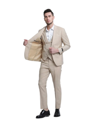 Tazzio 1 Button Notch Lapel Sharkskin Suit - 3 Piece - Khaki