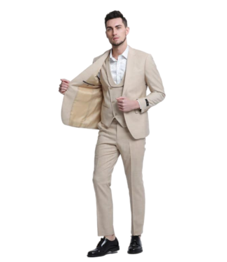 Tazzio Tazzio 1 Button Notch Lapel Sharkskin Suit - 3 Piece - Khaki