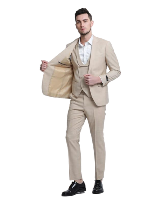 Tazzio 1 Button Notch Lapel Sharkskin Suit - 3 Piece - Khaki Tazzio 1 Button Notch Lapel Sharkskin Suit - 3 Piece - Khaki
