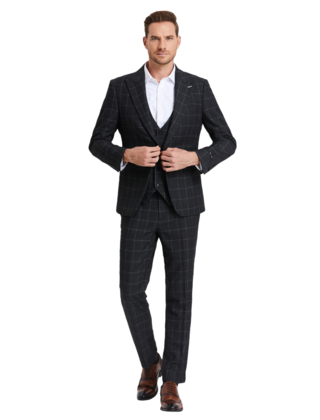 Tazzio - 1 Button Windowpane Peak Lapel Suit - Dark Grey