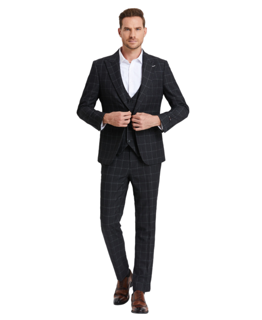 Tazzio - 1 Button Windowpane Peak Lapel Suit - Dark Grey