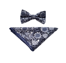 7 DOWNIE ST. BOWTIE AND POCKET SQUARE SET WHITE/NAVY SUNFLOWERS