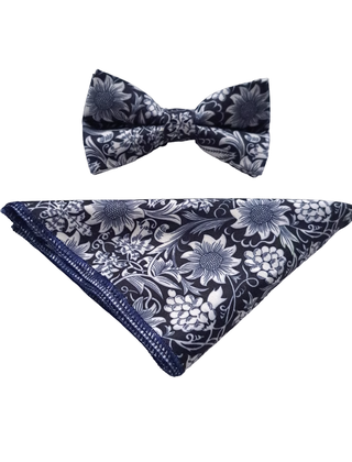 7 DOWNIE ST. BOWTIE AND POCKET SQUARE SET WHITE/NAVY SUNFLOWERS