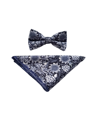 7 DOWNIE ST. BOWTIE AND POCKET SQUARE SET WHITE/NAVY SUNFLOWERS