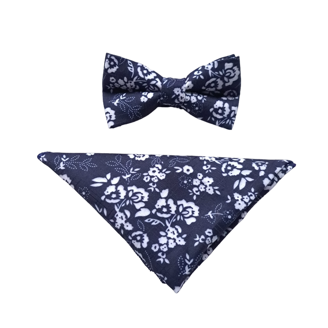 7 DOWNIE ST. BOWTIE AND POCKET SQUARE SET WHITE/NAVY FLOWERS